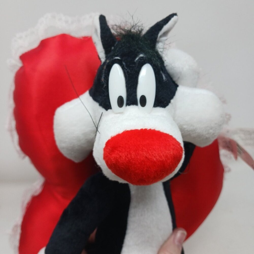 Looney Tunes Sylvester Plush Toy With Red Heart Pillow & Lace Trim VTG #S-1 - Picture 10 of 12